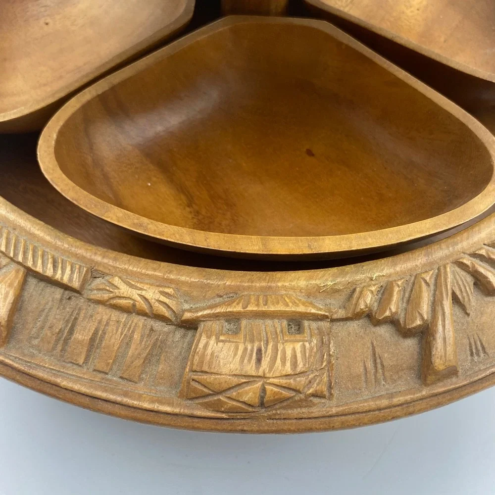 Vintage Hand Carved‎ Monkey Pod Wood 2 Tier Lazy Susan Philippines Tropical Tiki